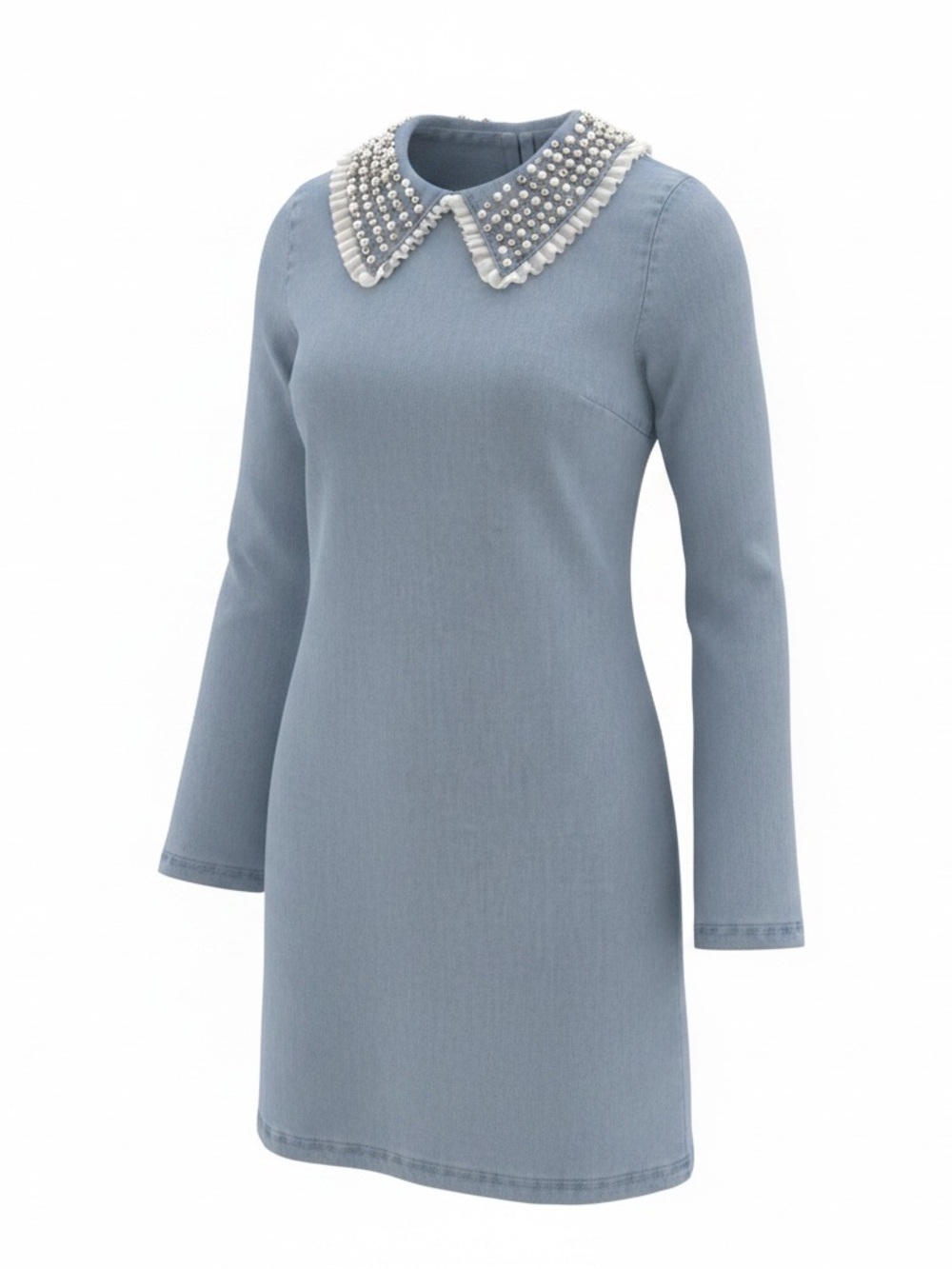 Light Blue Pearl-Embellished Collar Long-Sleeve Dress